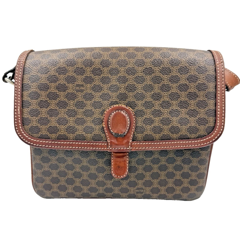 Authentic Vintage Celine Macadam Shoulder Bag Brown Tan Leather Italy M08 COA